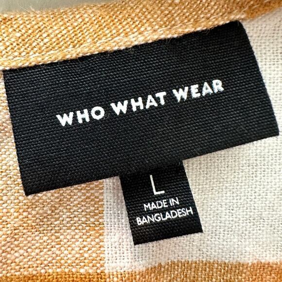 WHO WHAT WEAR | Gold Gingham Peplum Top Puff Sleeve Linen Blend Blouse | Large - Picture 6 of 7